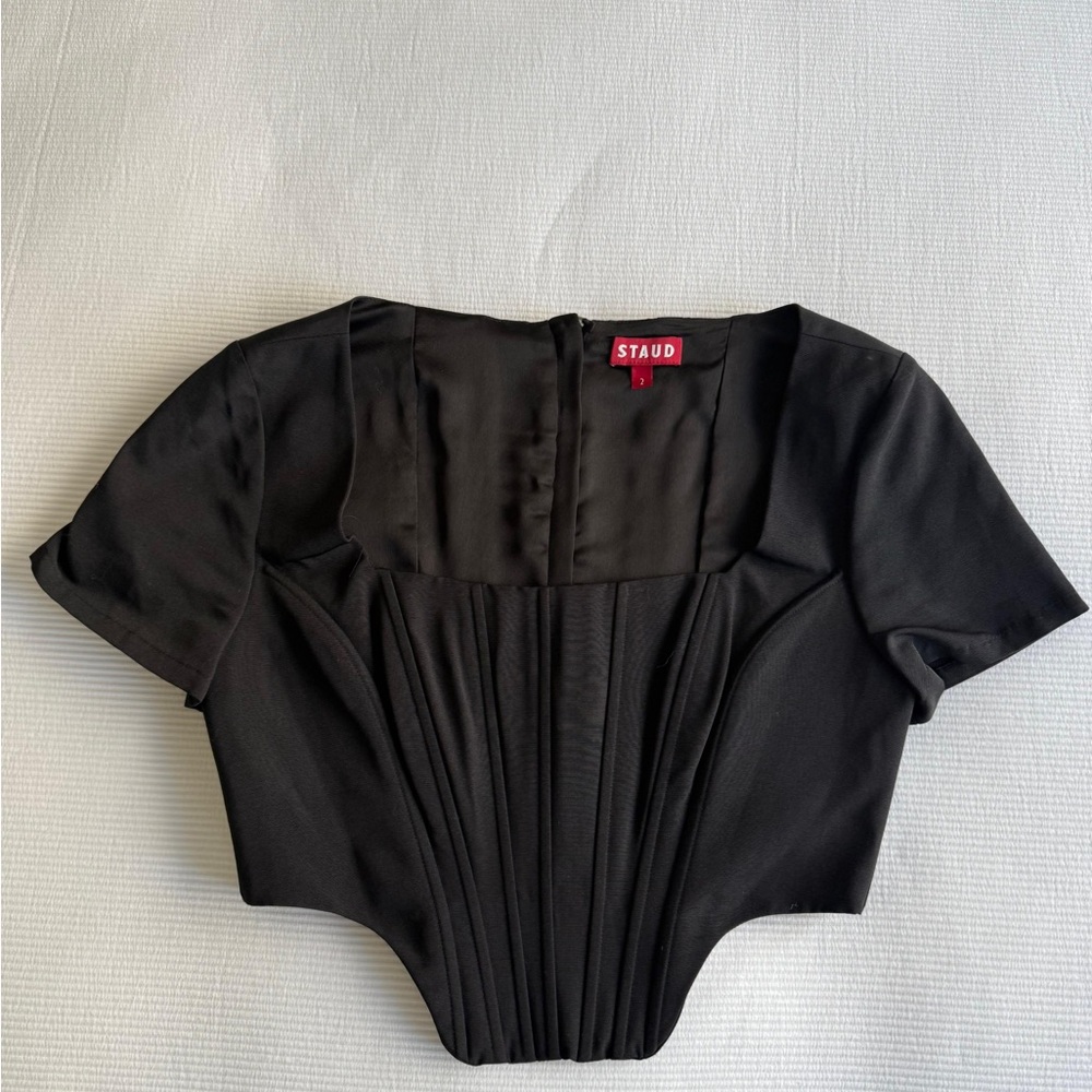 STAUD Black Corset-Style Short Sleeve Top with Square Neck